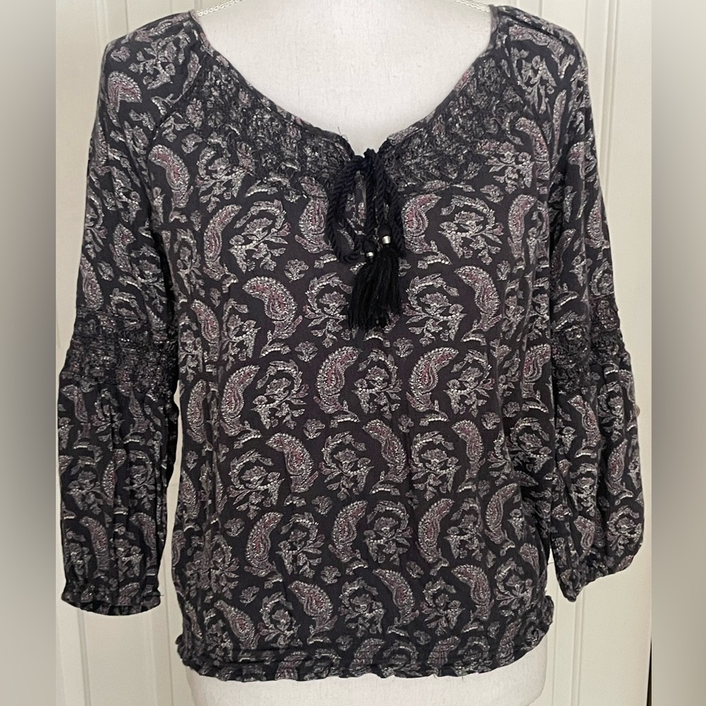 American Eagle Outfitters Top Boho Prairie Style Navy Paisley Print Tassel Tie S
